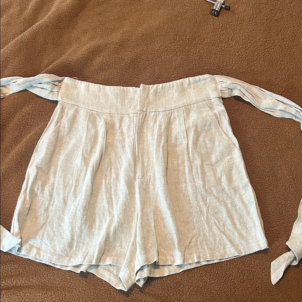 Women's Tan Linen Shorts with Tie Waist - Picture 8 of 11